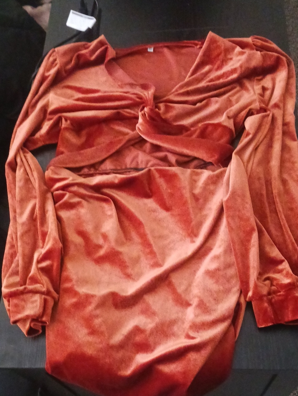 Rust Orange Velvet Twist-Front Women's Dress (XL)